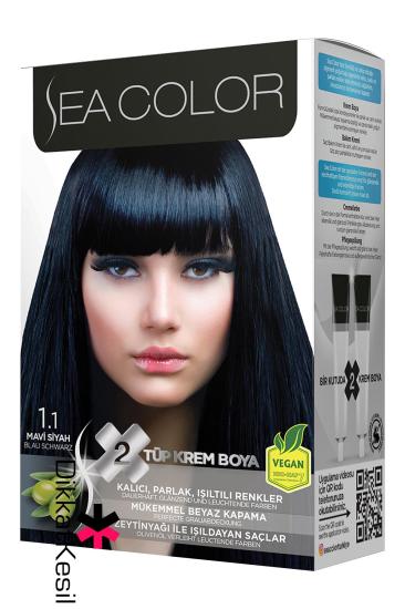 Sea Color 1.1 Mavi Siyah Renk Krem Saç Boyası Set, (Seacolor 1.1 Numara)