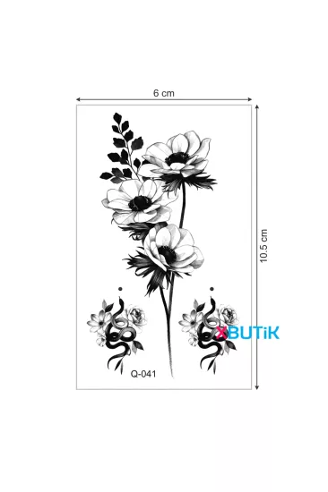 Siyah Beyaz Gül Dövmesi ve Yılan, Rüzgar Çiçeği (Anemon) Geçici Dövme, (Mini Flower Tattoo)