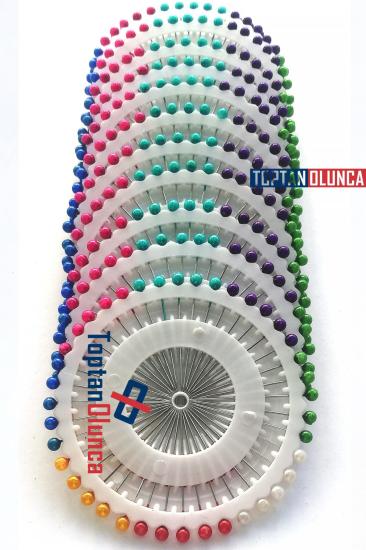 Renkli Plastik İnci Büyük Başlı Toptan Toplu İğne, 38 mm 40 lı Disk - 12 Adet